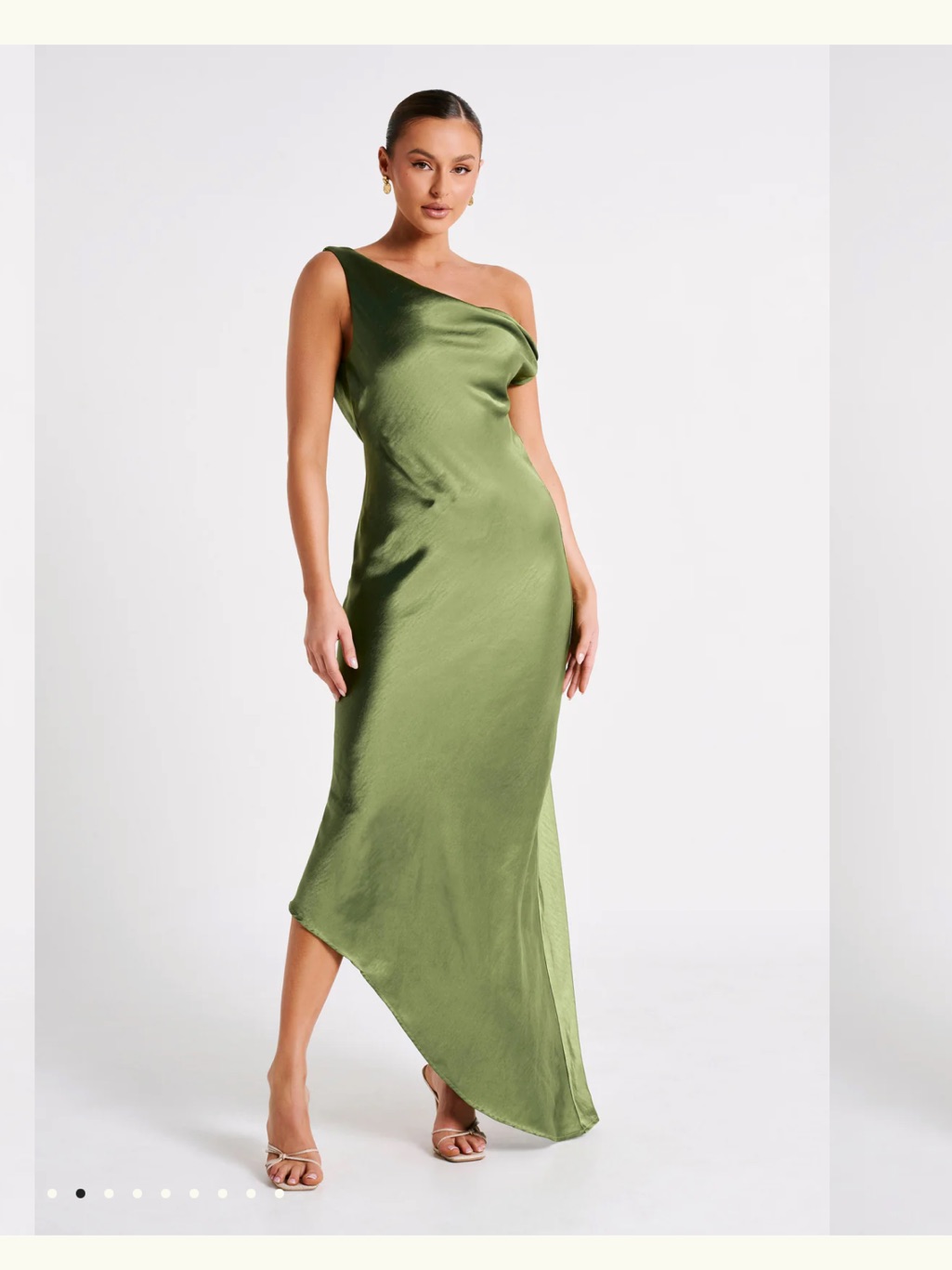 Meshki One-Shoulder Olive Satin Maxi Dress